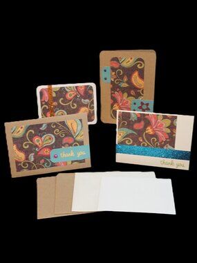 Set of 4 Thank You Handmade Greeting Note Cards Brown and Multi Color Paisley